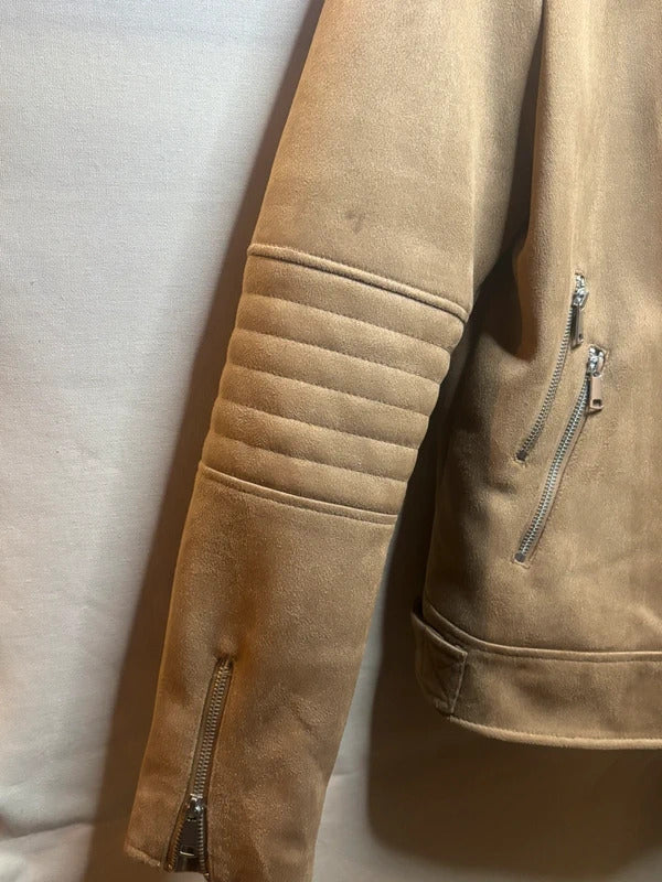 Next Tan Faux Suede Biker Jacket Size 18T UK Quilted Sleeve Stretch
