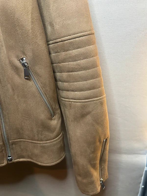 Next Tan Faux Suede Biker Jacket Size 18T UK Quilted Sleeve Stretch