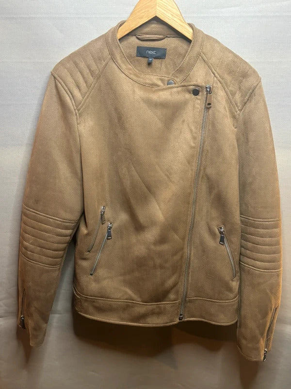 Next Tan Faux Suede Biker Jacket Size 18T UK Quilted Sleeve Stretch