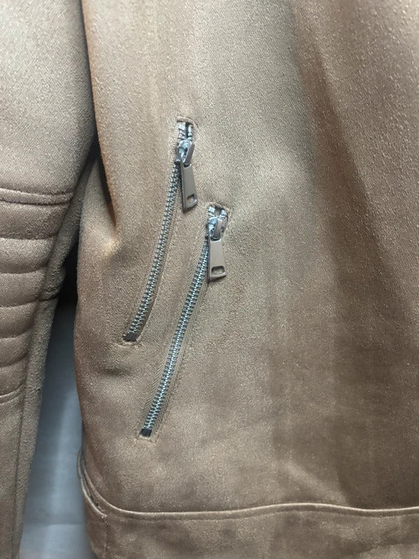 Next Tan Faux Suede Biker Jacket Size 18T UK Quilted Sleeve Stretch